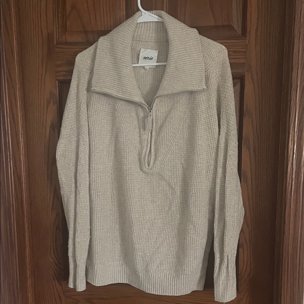 Aerie Beige Ribbed Oversized Quarter-Zip Pullover